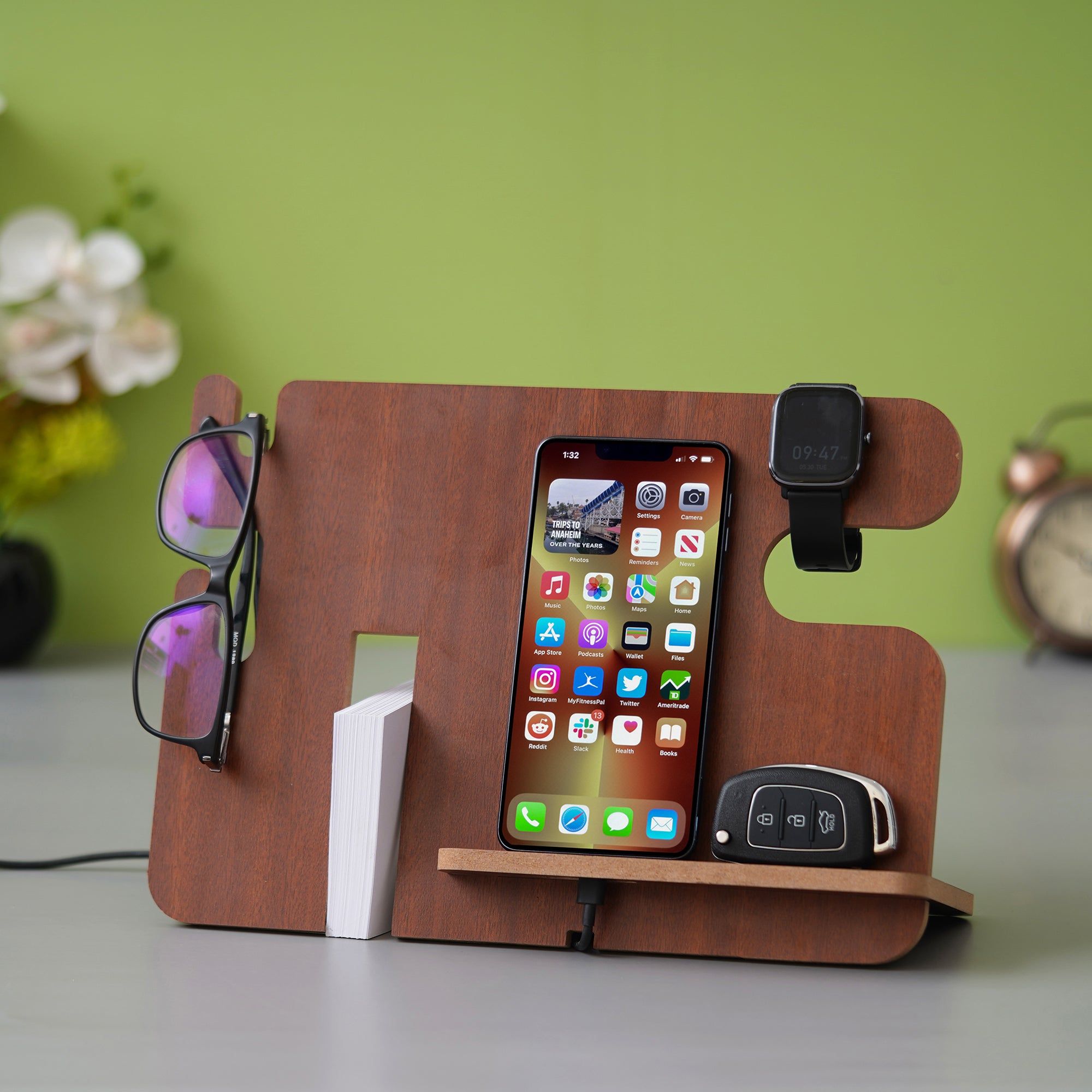 eCraftIndia Brown Wooden Multiutility Mobile, Watch, Specs, Key, Visiting Card Holder Desk Accessory