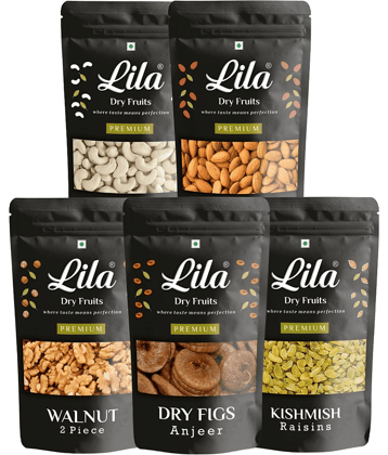 Lila Dry Fruits Combo Pouch Pack 1Kg (5x200g) Almond, California Walnut, Anjeer, Cashew, Raisin