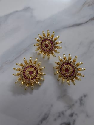 Imperial Radiance Golden Locket Set-Red-White / Gold Plated / Free Size