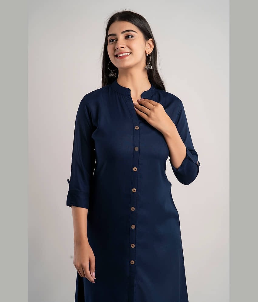 MAUKA - Navy Rayon Women's Front Slit Kurti ( Pack of 1 )