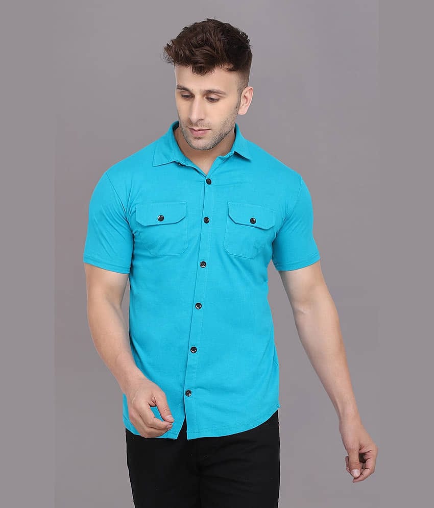 Tfurnish Cotton Blend Regular Fit Solids Half Sleeves Men's Casual Shirt - Turquoise ( Pack of 1 )