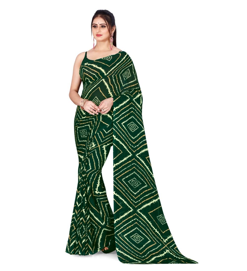Women's Poly Georgette Printed Saree without Blouse (Dark Green)