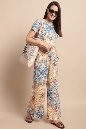 Blue Color Floral Printed Viscose Rayon Nightsuit For Women-s