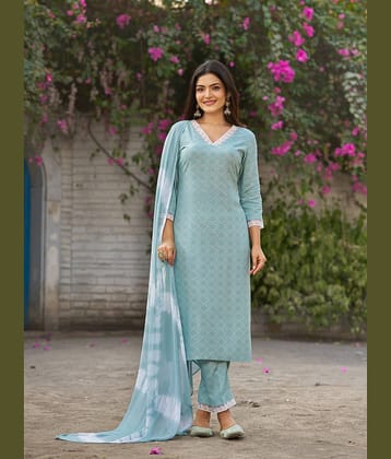 VIBE VISION Cotton Blend Printed Kurti With Pants Women's Stitched Salwar Suit - Blue ( Pack of 1 )