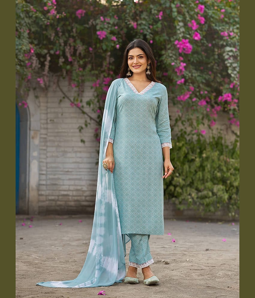 VIBE VISION Cotton Blend Printed Kurti With Pants Women's Stitched Salwar Suit - Blue ( Pack of 1 )