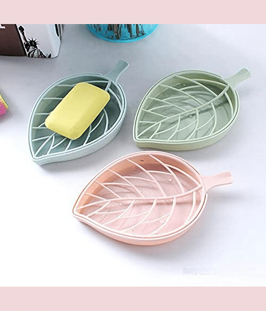 VARKAUS Set of 3 Designer Leaf Shape Soap Holder Tray | Drip Soap Box with Water Draining Tray.