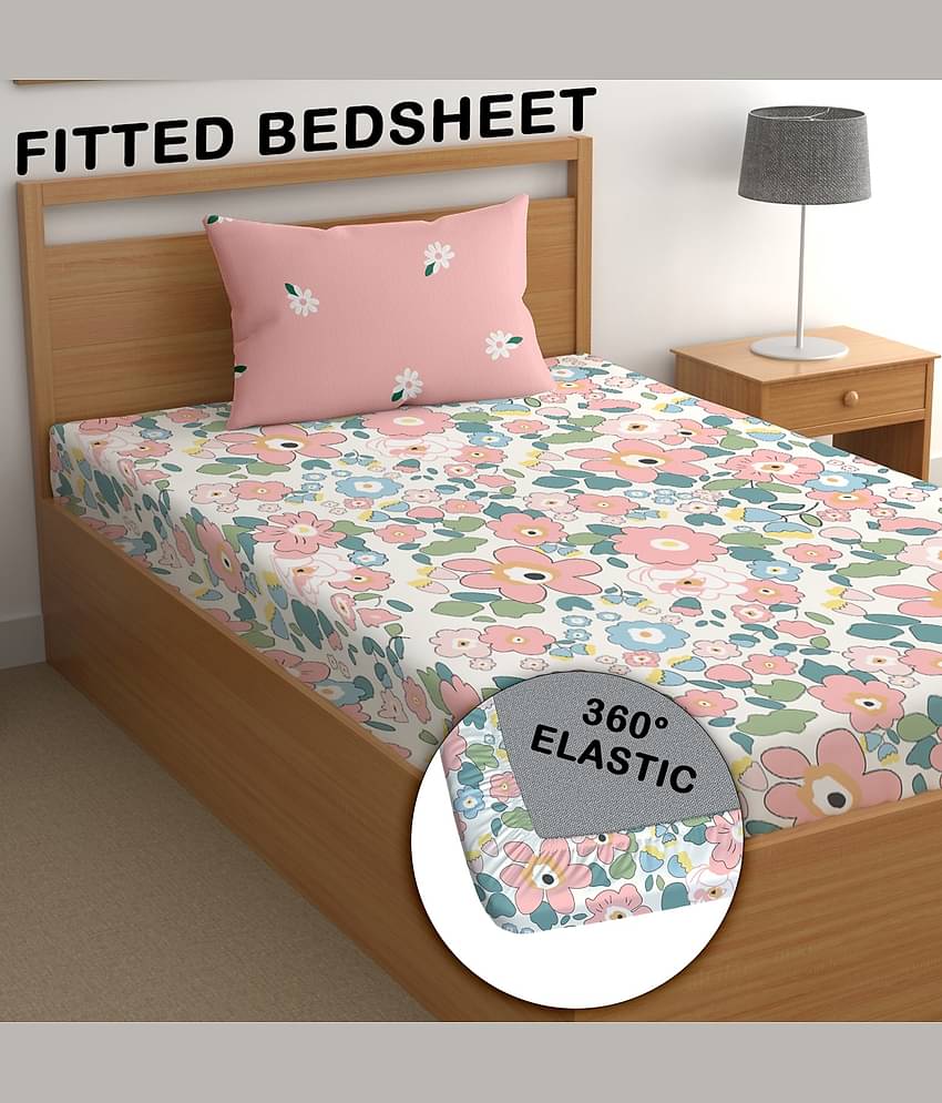 CG HOMES Poly Cotton Floral Fitted 1 Bedsheet with 1 Pillow Cover ( Single Bed ) - Pink