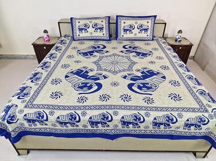 Bedsheet Set with Pillow Covers, Elephant Print, Royal Blue and White Size 210 cm X 226 cm Best use at Single Bed and deewan