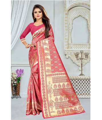 Gazal Fashions Banarasi Silk Self Design Saree With Unstitched Blouse Piece ( Pink )