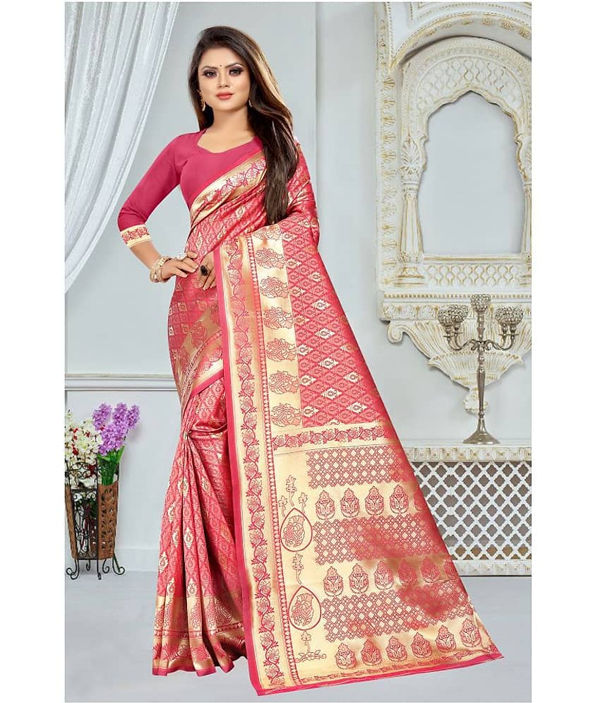 Gazal Fashions Banarasi Silk Self Design Saree With Unstitched Blouse Piece ( Pink )