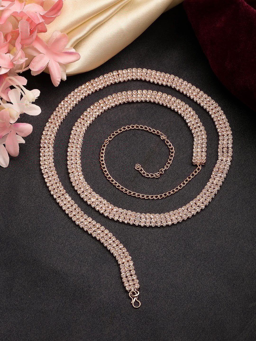 NVR Women's Rose Gold-Plated AD-Studded 3 Layered Kamarbandh Waist Chain-Onesize / Rose Gold / Brass