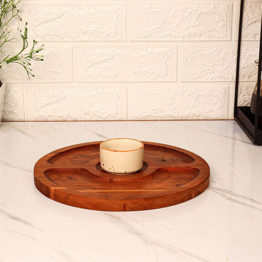 Femora Round Wooden Serving Tray with Bowl, 1 pc Tray & Bowl, 10 Inch(25 * 25 CM), 1 Year Warranty.