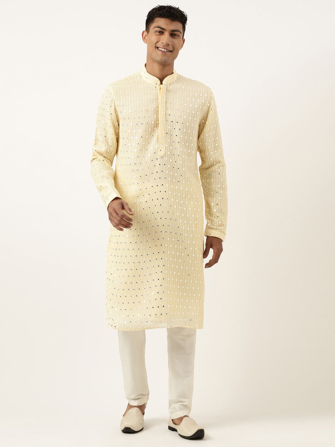 Lemon Yellow Mirror Embroidered Kurta Set-S/38 / Only Kurta - No Lowers