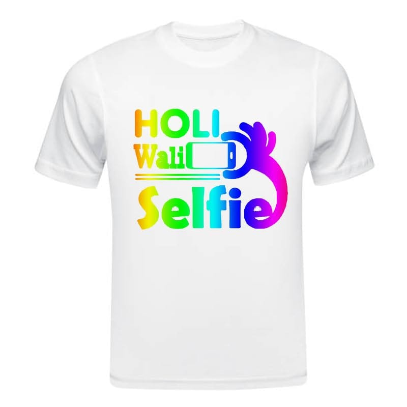 TERA MERA GIFT, Holi Printed T-Shirt, Happy Holi Festival T-Shirt, White Polyester, Reguler Fit, Round Neck, Short Sleeve, Unisex H106