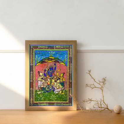 Patta Painting of Lord Krishna Lifting Up The Govardhan Hill