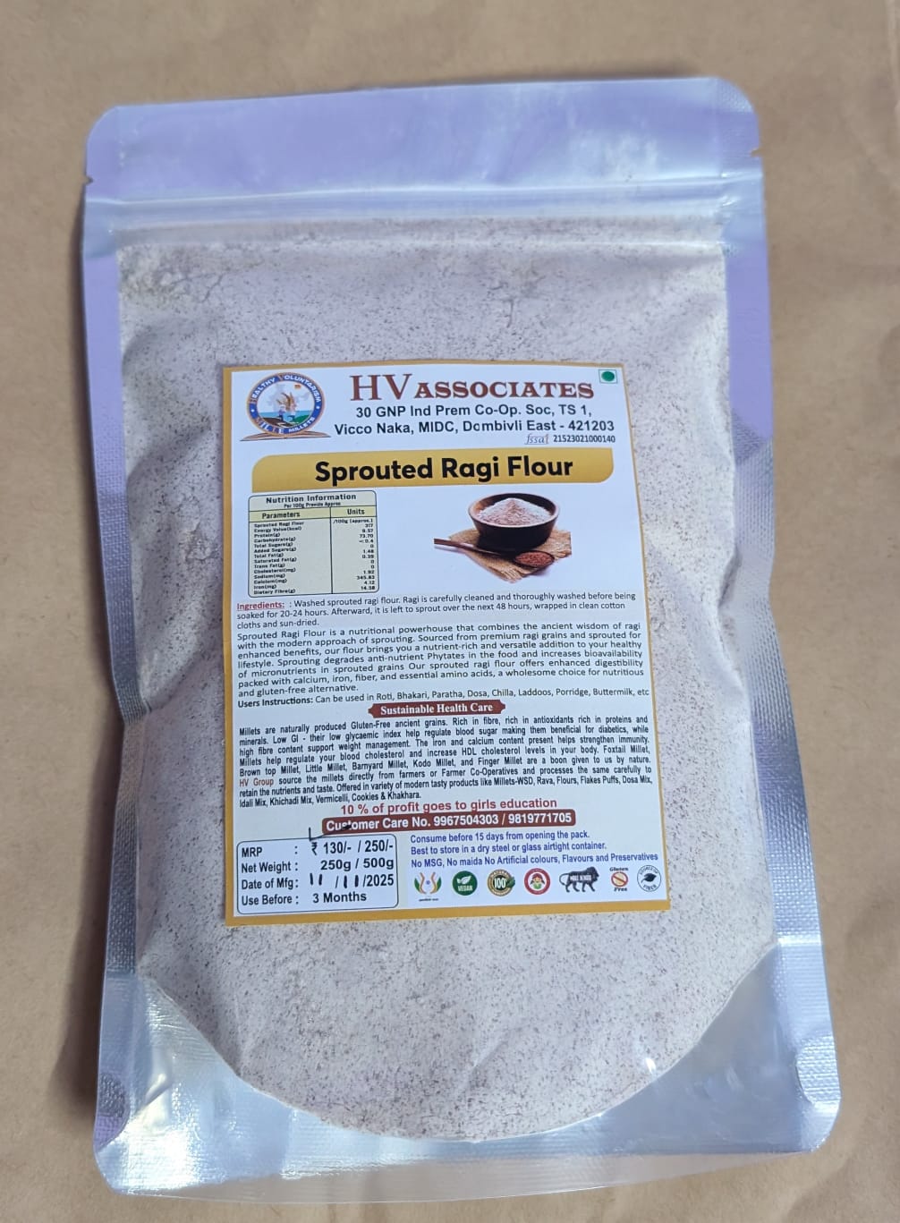 Hv Associates Sprouted Ragi Flour (250G) | Nutrient-Rich Nachni Atta | Gluten-Free Superfood For Healthy Rotis, Porridge & Dosa