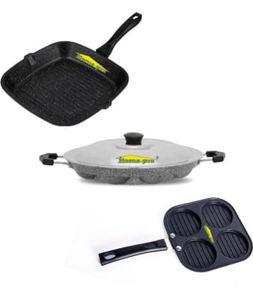 HomePro Non-Stick Set,Grill Pan 26 cm, Mini Uttapam 20 cm, Silver Appam with Steel Lid 12 Cavity (Pack of 3)