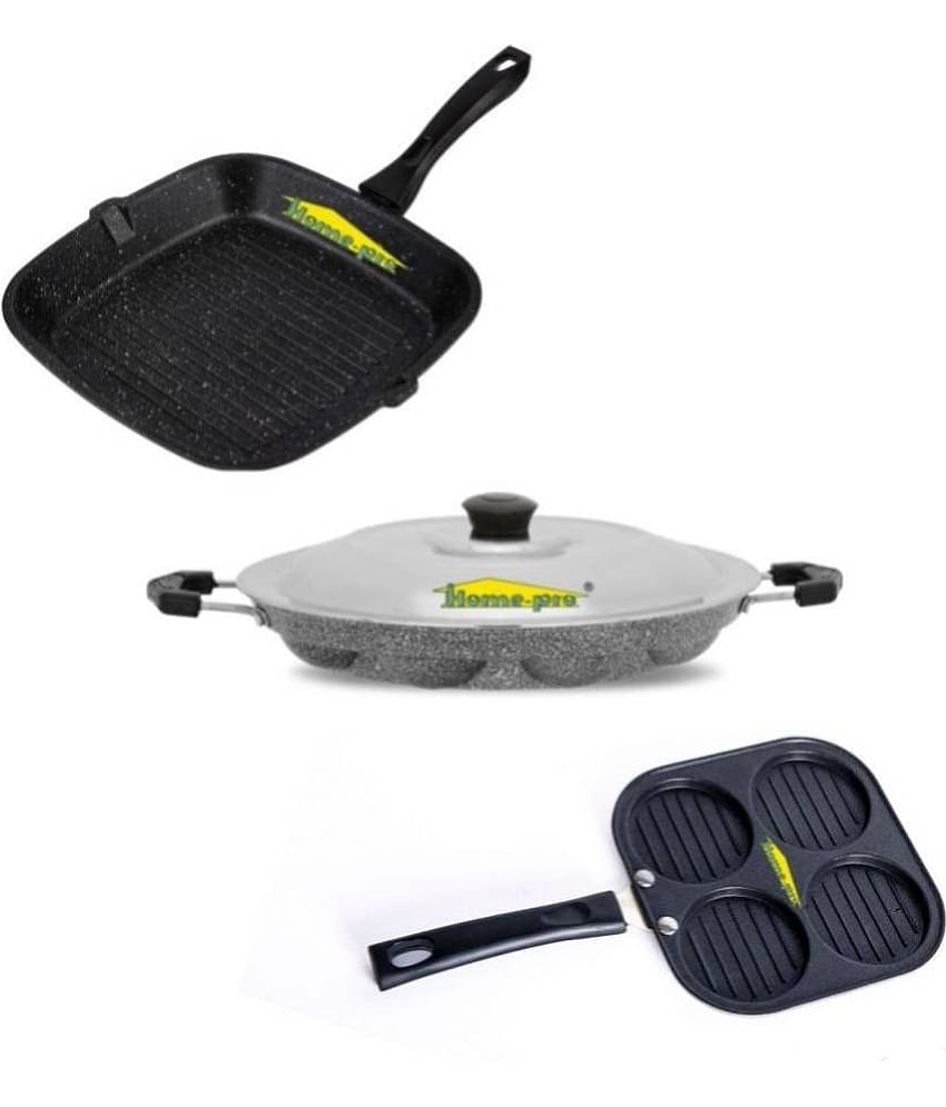 HomePro Non-Stick Set,Grill Pan 26 cm, Mini Uttapam 20 cm, Silver Appam with Steel Lid 12 Cavity (Pack of 3)