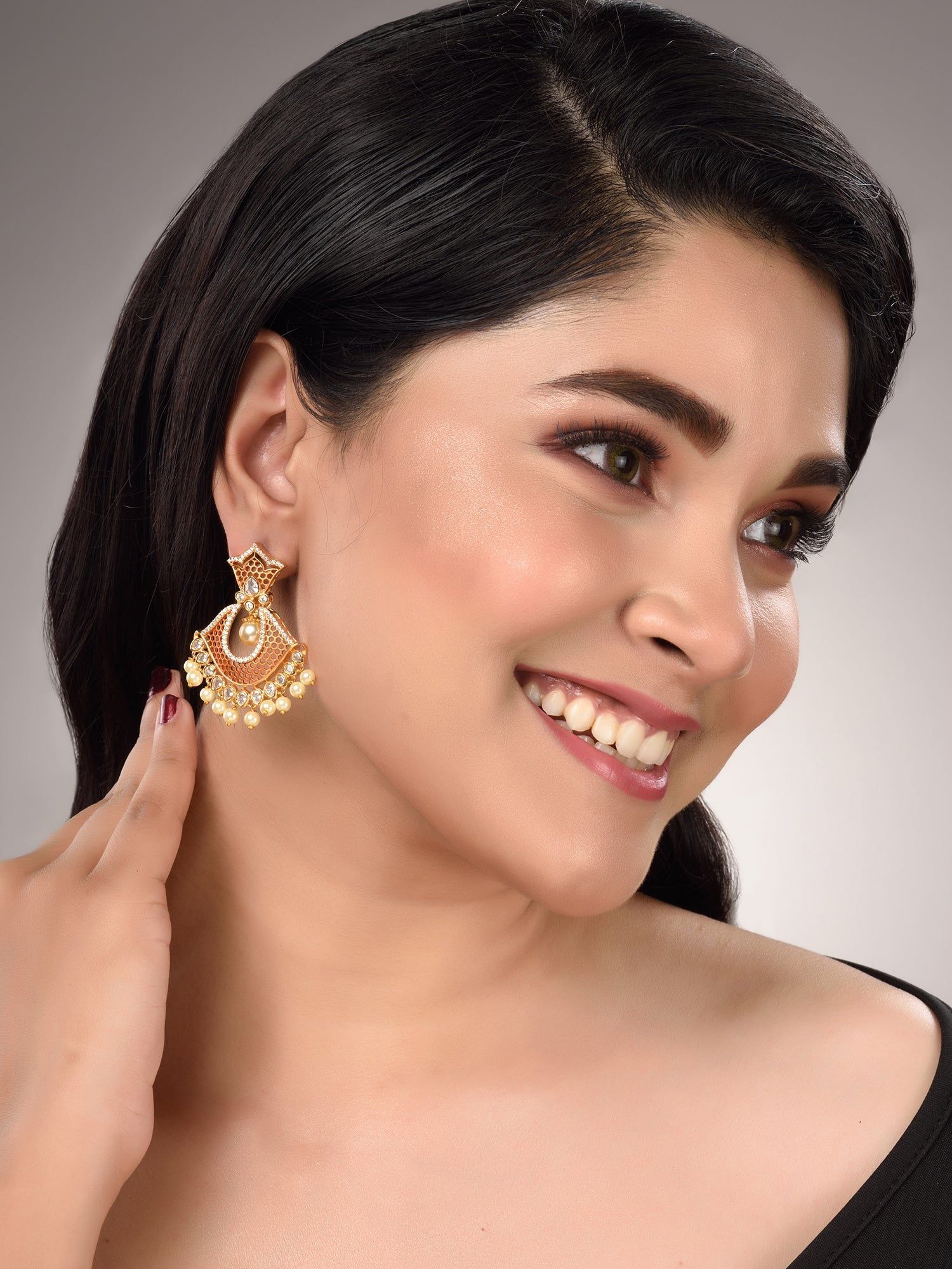 Rose Gold Plated AD Studded Modern Chandbali Pearl Drop Earrings