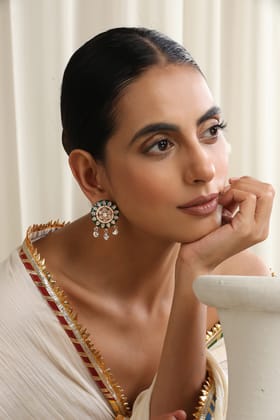 Pranami Green Polki Stud Earrings-Polki