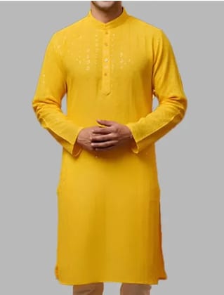 Mens Yellow Sequin Work Chikankari Kurta