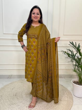 Zena premium Cotton Ajrakh Suit Set- Mustard-M-38