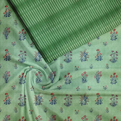 Green Mughal Floweret Satin Linen Fabric unstitch suit set