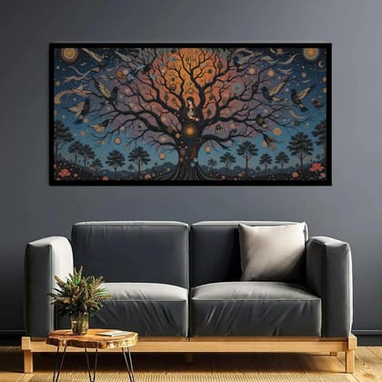 Luminary Twilight Song – Cosmic Aviary Tree Timeless Museum-Quality Cotton Canvas Art for Bedroom Décor | Frame Size (127 X 69 Cm) | Frame Type (Black) | 5-Year Warranty