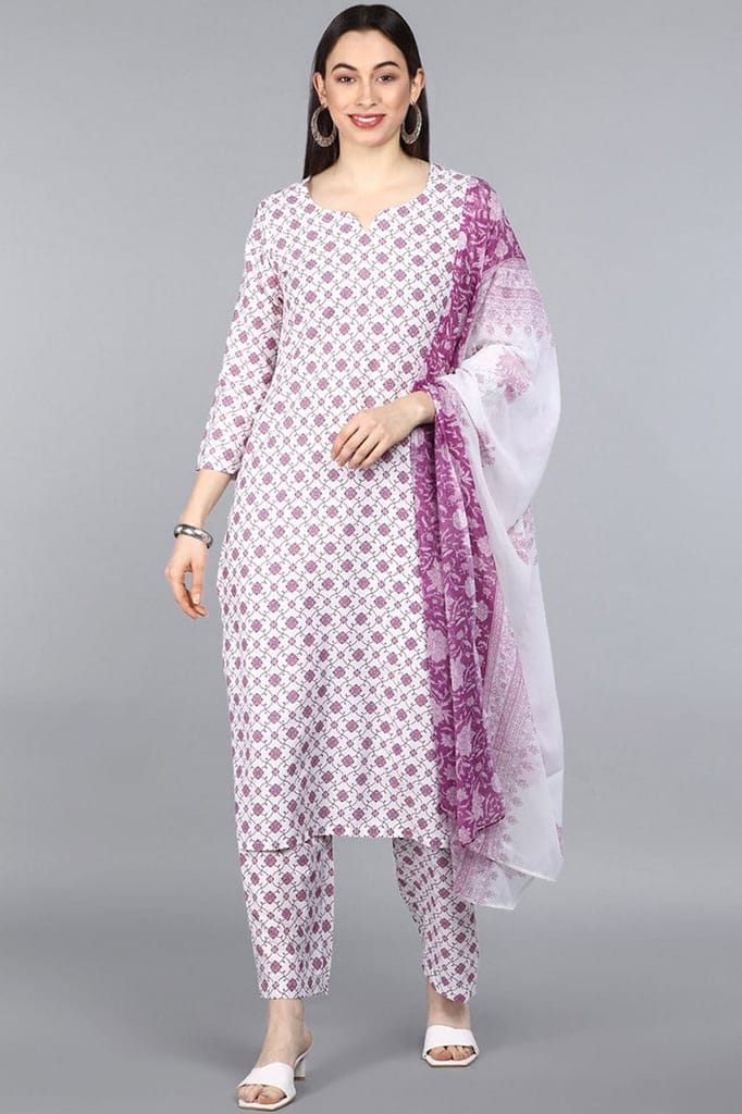 White Poly Crepe Ethnic Motifs Straight Suit Set PKSKD1156 - Kurtas & Kurta Sets | Buy online on ZillyBuy