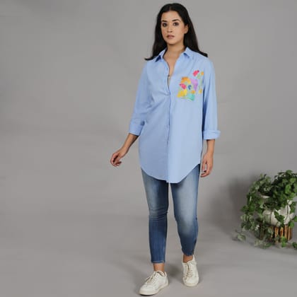 Blue shirt with floral embroidery on the pocket-XS