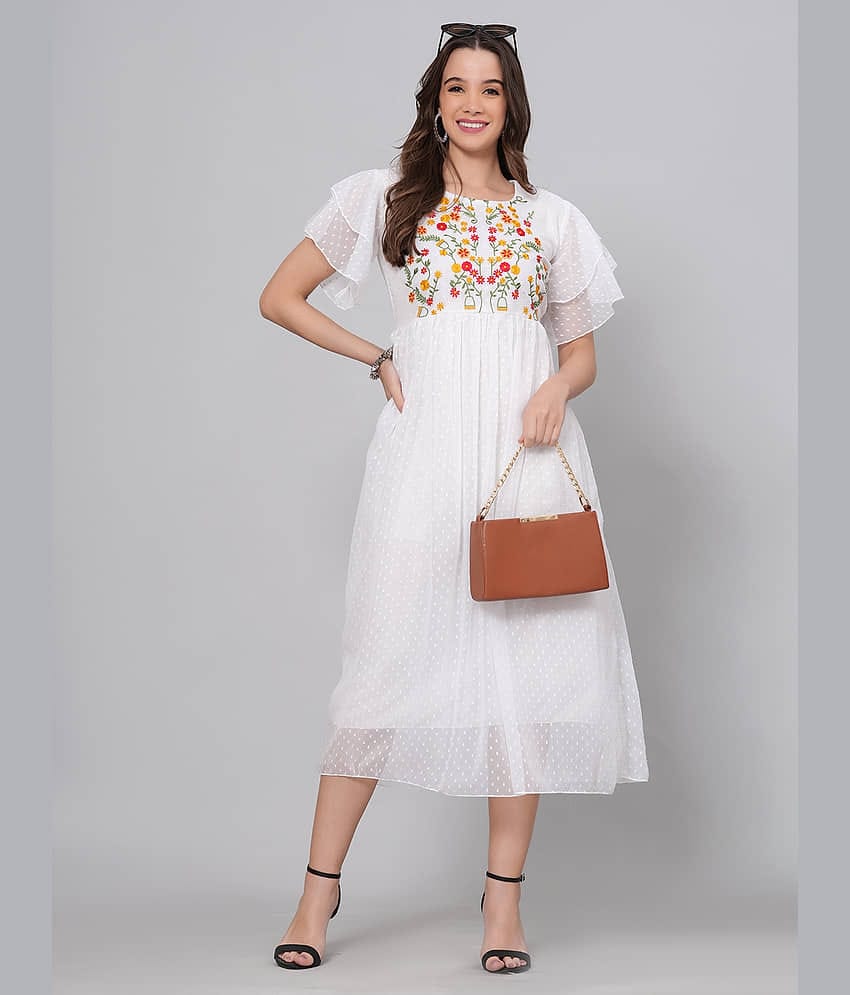 JC4U Women Crepe Printed Fit & Flare Dress ( Pink )