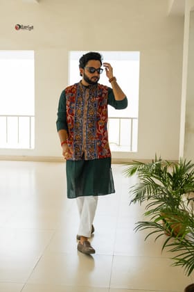Khadi long kurta with hand kalamkari jacket in green-L