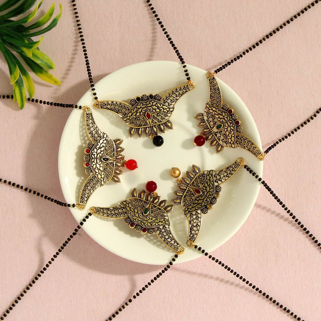 Assorted Color 5 Piece Of Mangalsutra Combo (MS167CMB)-Length: 44.00 CM x Width: 0.20 CM / Silver / Alloy With Good Quality Gold Plated