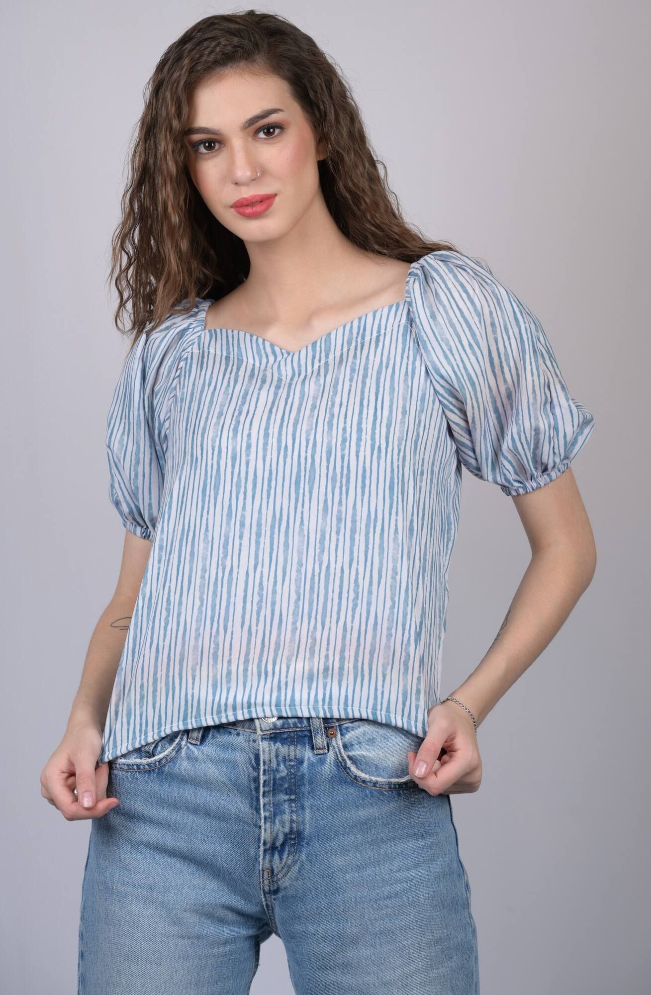 Blue Lining Regular Sleeves Top (OTL-TPS1038)-Blue / XS