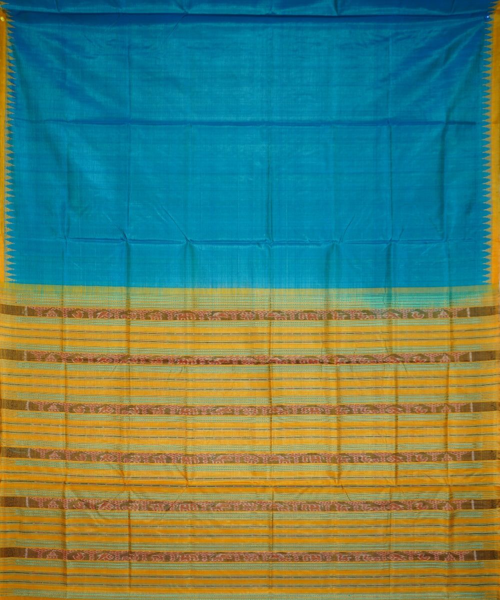 Serifed sky blue yellow tussar silk handloom saree