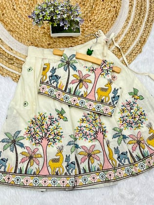 Pure Cotton Beautiful Fabric Full Stitched Lehengha Choli For Kids-Beige / 0-6 Month