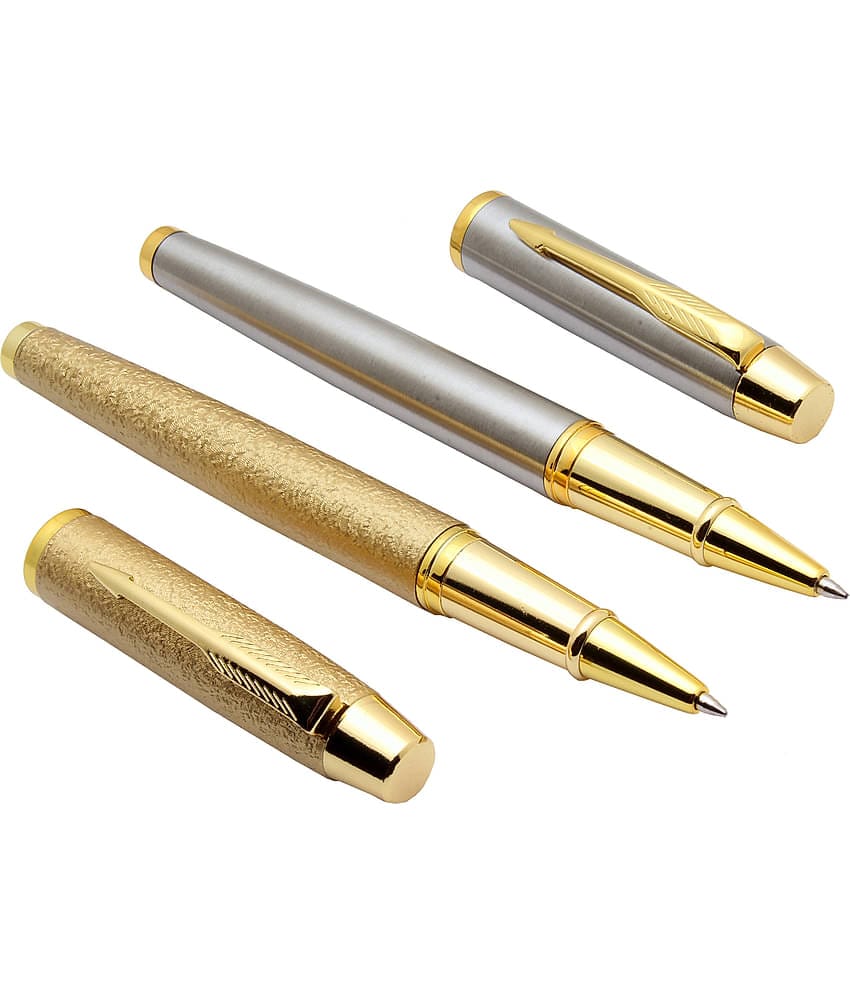 Srpc Set Of Gold Sand Finish & Stainless Steel Metal Body Roller Ball Pens Blue Refill