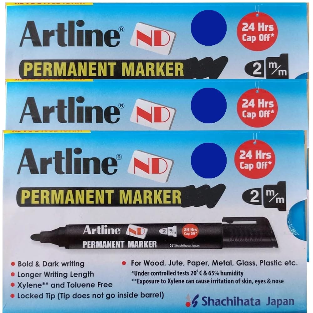 Artline ND Permanent Marker Pack of 10 (Blue Colour) X 3 Packs | For Writing On Various Surfaces Such As Paper, Cardboard, Plastic, Metal, Glass, & More