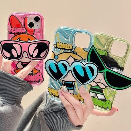 Powerpuff Girls With Sunglasses Bracket Phone Holders iPhone Soft Case-iPhone 14 Pro Max / Blue