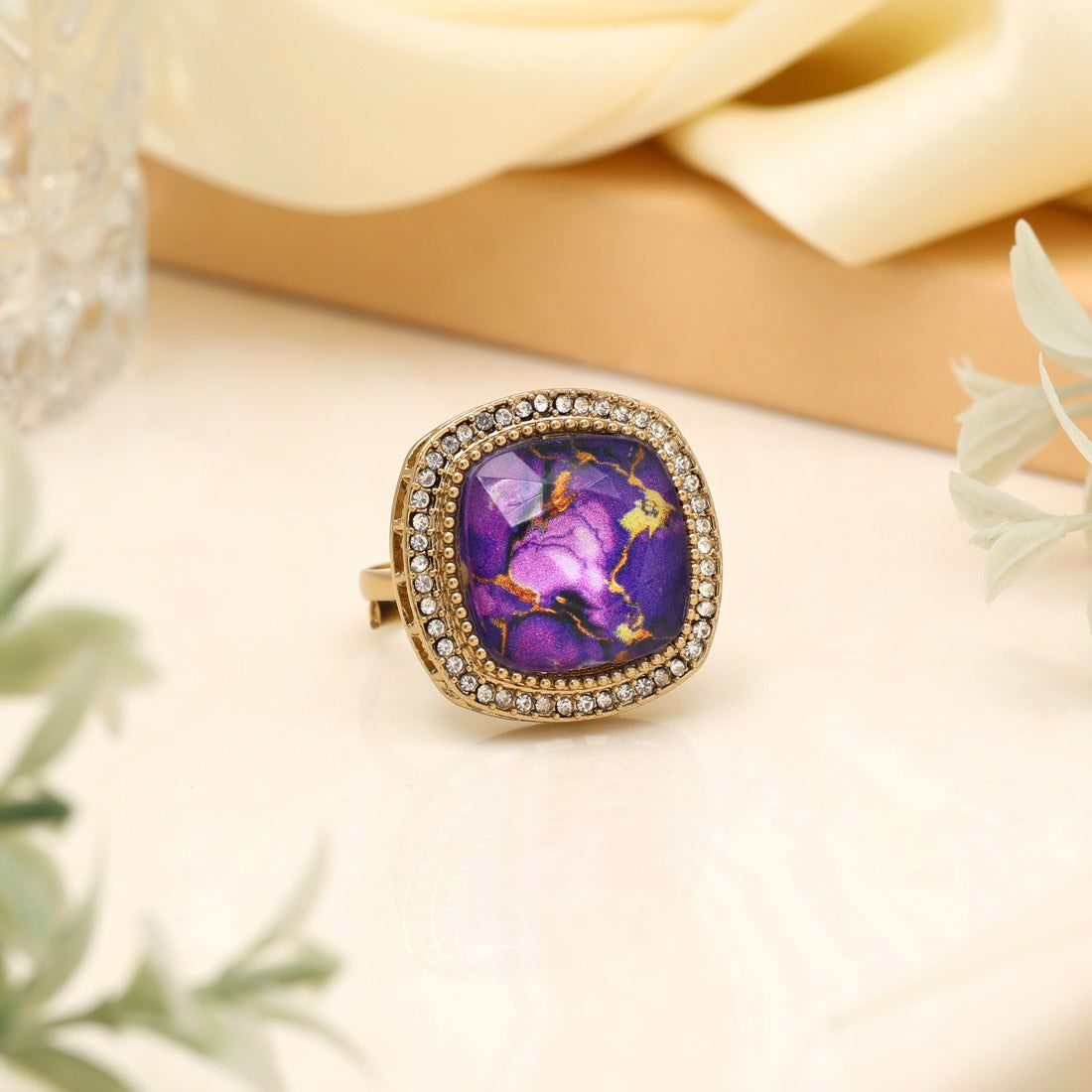 Deep Purple Color Kundan Ring For Women-Ring_Size_Adjustable | Diameter Length: 2.50 CM x Width: 2.50 CM / Purple / Alloy With Good Quality Mehndi Gold Plated
