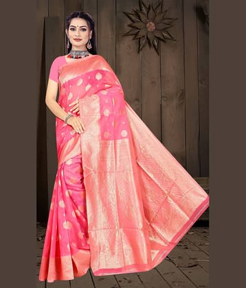 NENCY FASHION Cotton Silk Woven Banarasi saree With Unstitched Blouse Piece ( Peach )