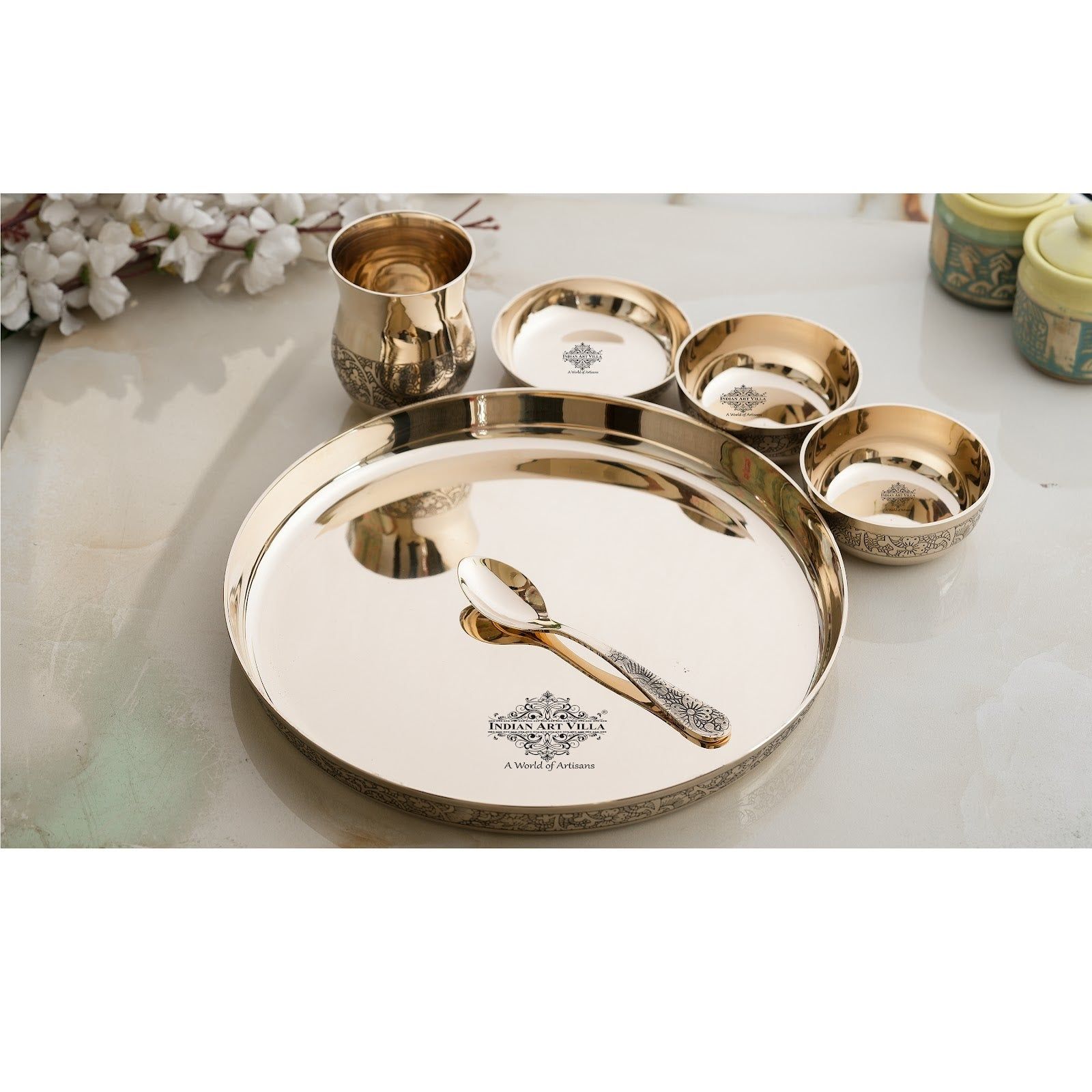Bronze Thali Set – 6-Piece Matt Embossed Dinnerware Set with 1 Thali, 1 Glass, 1 Spoon, 1 Small Plate, and 2 Bowls, Ideal for Everyday Dining & Festive Occasions-Embossed