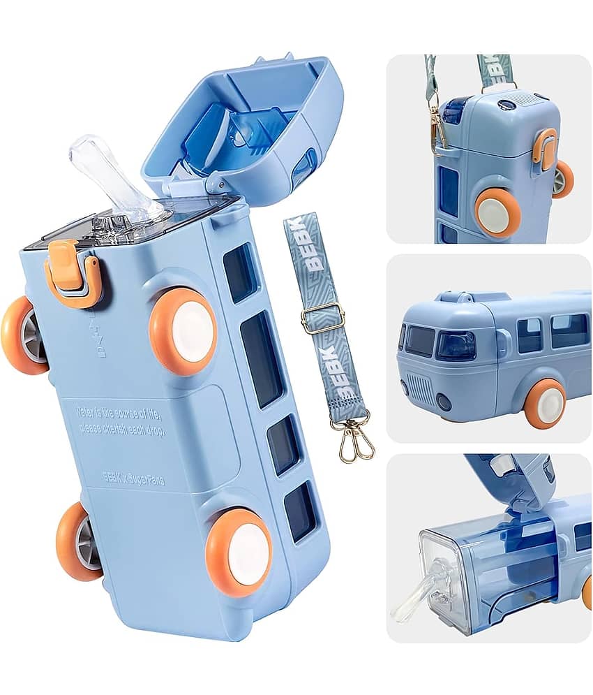 Bus Shape Water Bottle for Kids Detachable Straw with Shoulder Strap Leak-Proof Cartoon Water Bottle with Wheels (multy-Color)