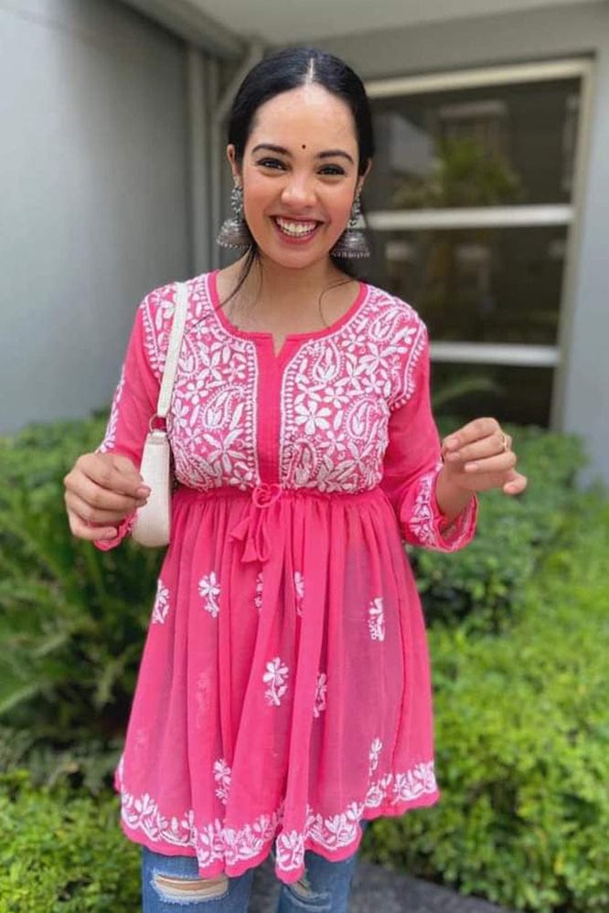 Embroidery Casual Wear Pink Top Tunics-XXL-44