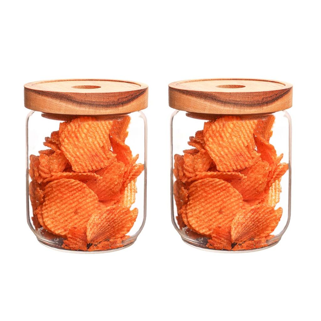 Femora Borosilicate Glass Jar with Bamboo Lid Air-Tight Jar, 450 ML, 2pcs,