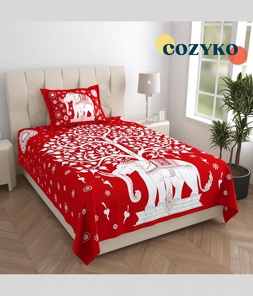 COZYKO Cotton 1 Single Bedsheet with 1 Pillow Cover ( Red )