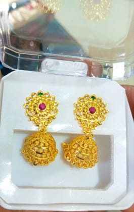MISHTI CREATIONS Royal Floral Motif Jhumkas – Antique Gold Finish with Stone Studded Detailing MISHTI CREATIONS Royal Floral Motif Jhumkas – Antique Gold Finish with Stone Studded Detailing