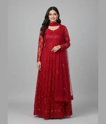 Aika Women's Net Semi Stitched Flared Ethnic Gown With Dupatta