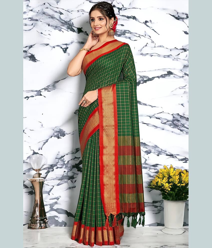 AMTHI Cotton Silk Woven Saree With Unstitched Blouse Piece ( Green )