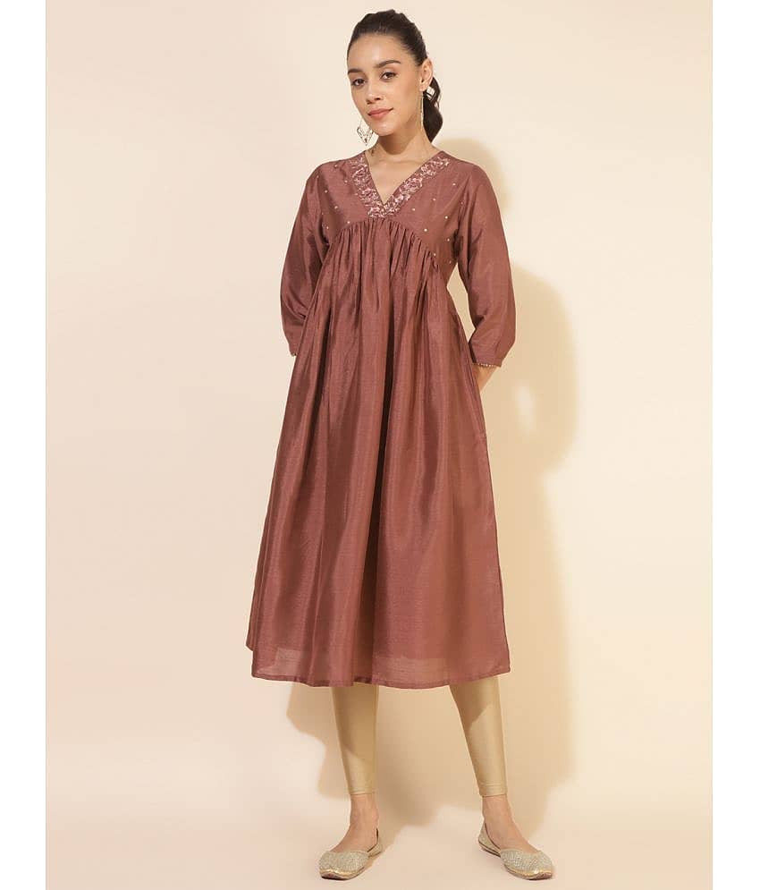 Janasya Silk Blend Embroidered Nayra Women's Kurti - Brown ( Pack of 1 )